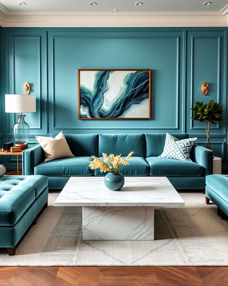 modern teal couch with marble accents