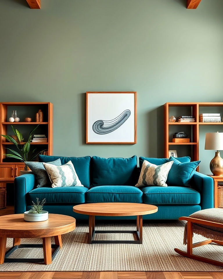 modern teal couch with wood elements