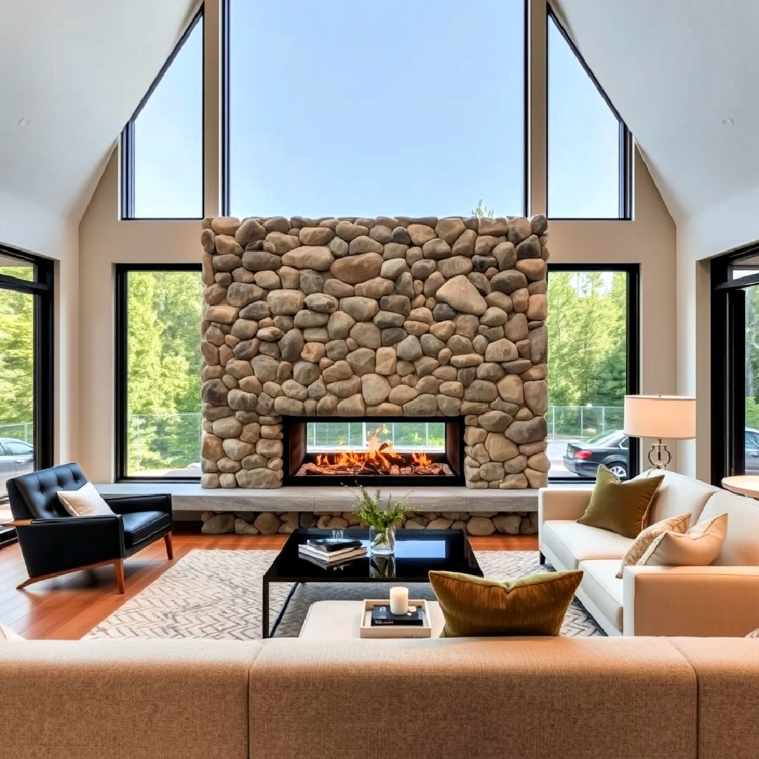 modern twist on river rock fireplace