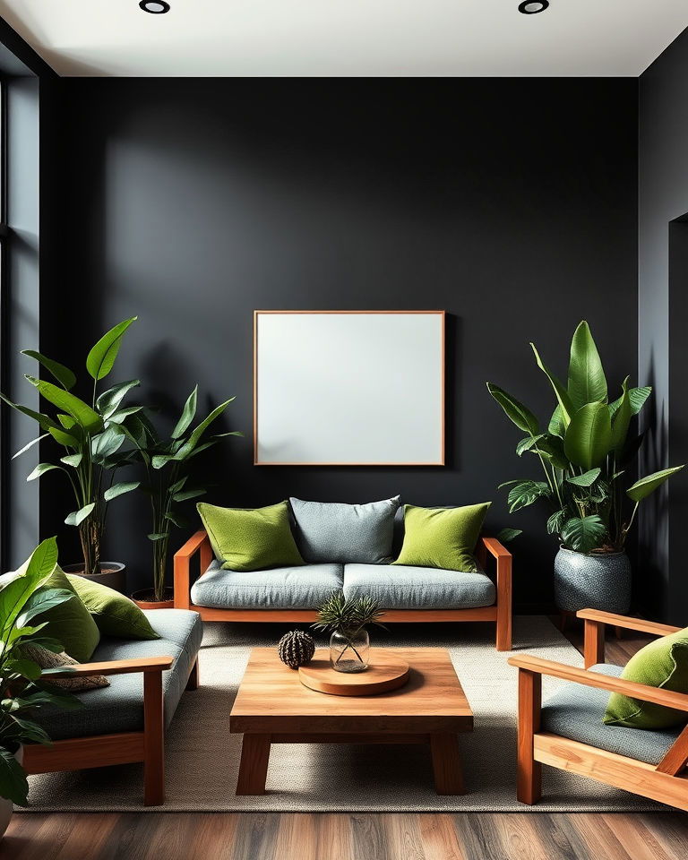 modern zen living room with grey and green