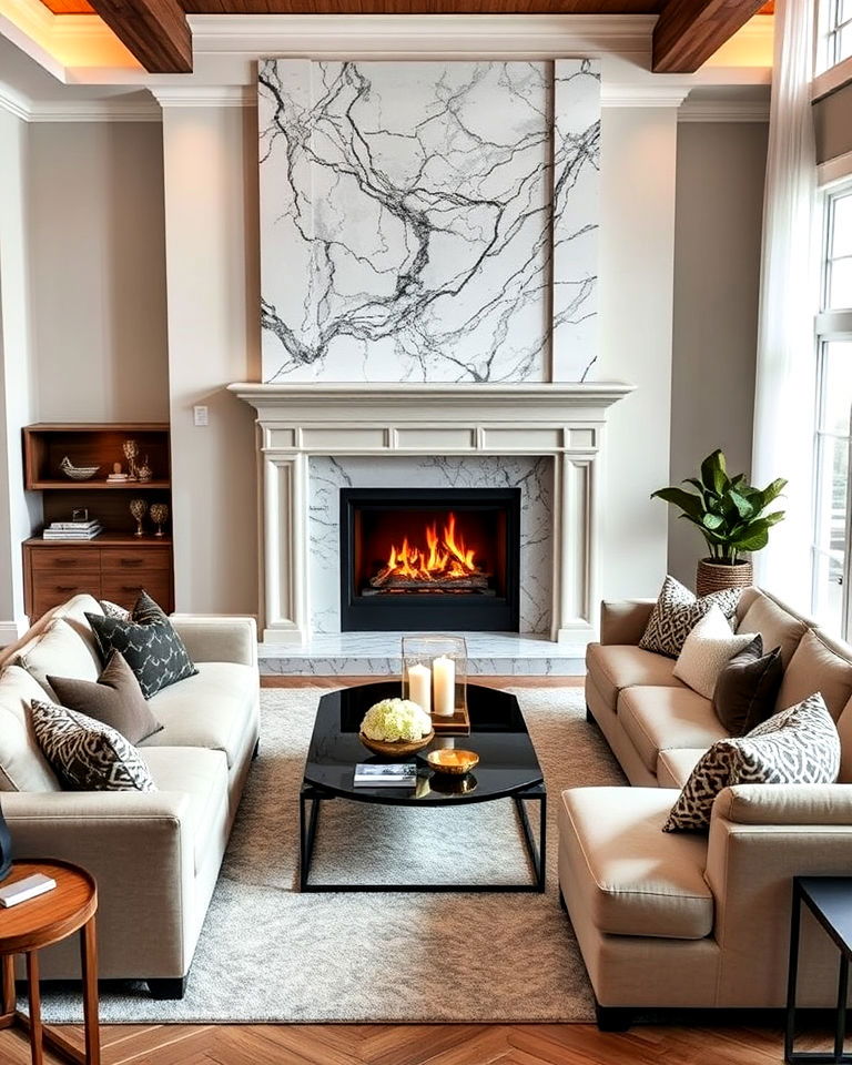 modular sectional with a statement fireplace mantel