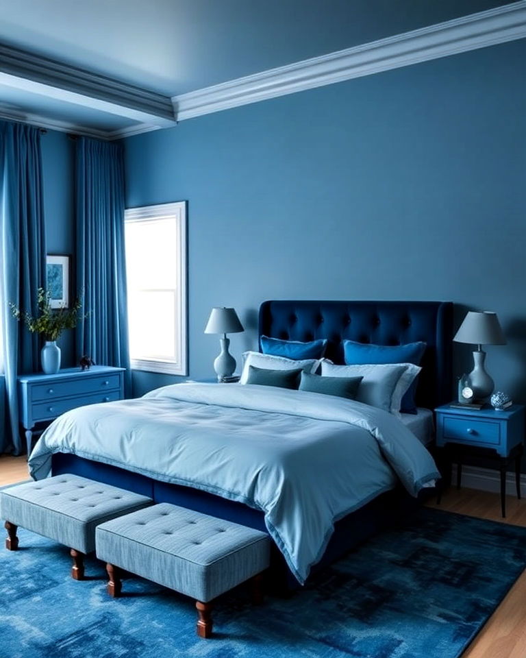 monochromatic blue color scheme bedroom
