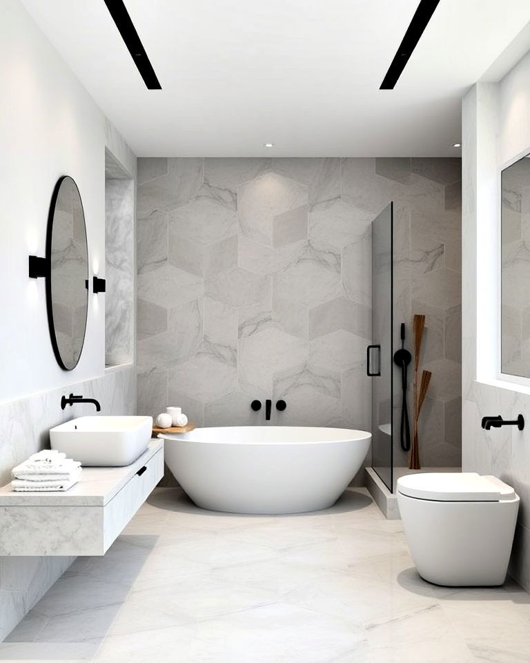 monochromatic elegance pool bathroom