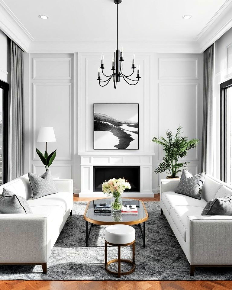 monochromatic grey and white living room