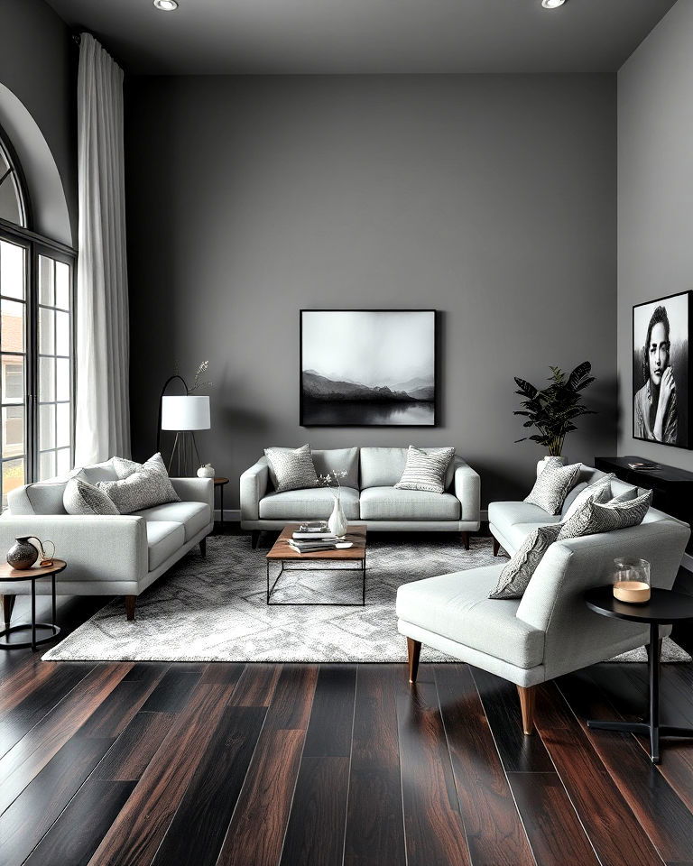 monochromatic grey living room with dark wood floor