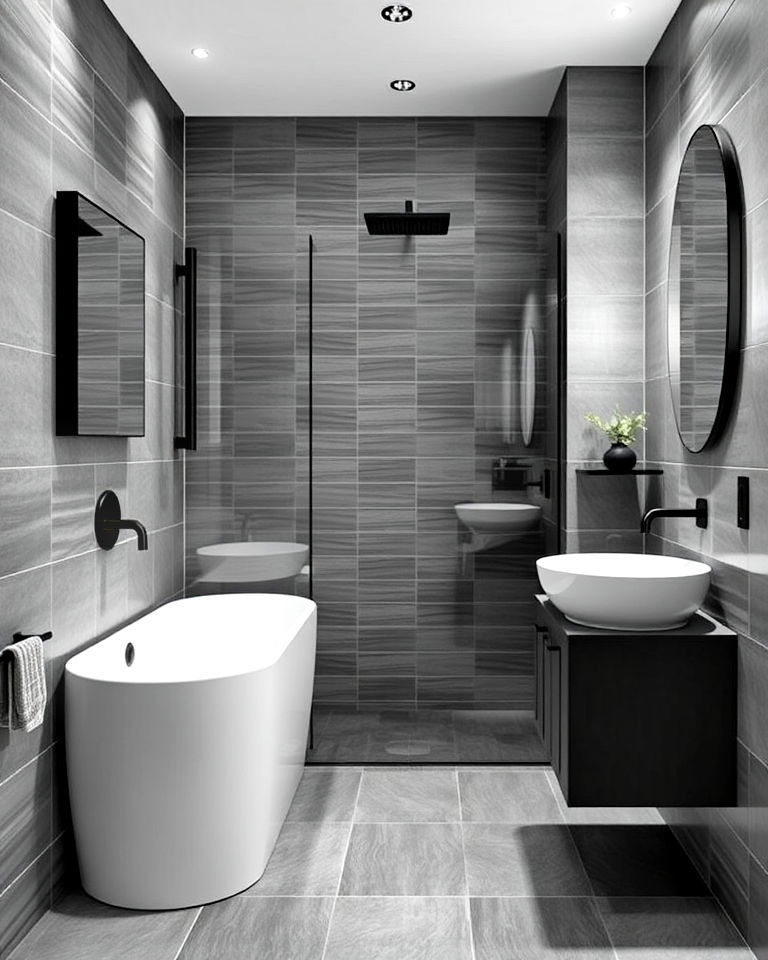 monochromatic grey tile bathroom