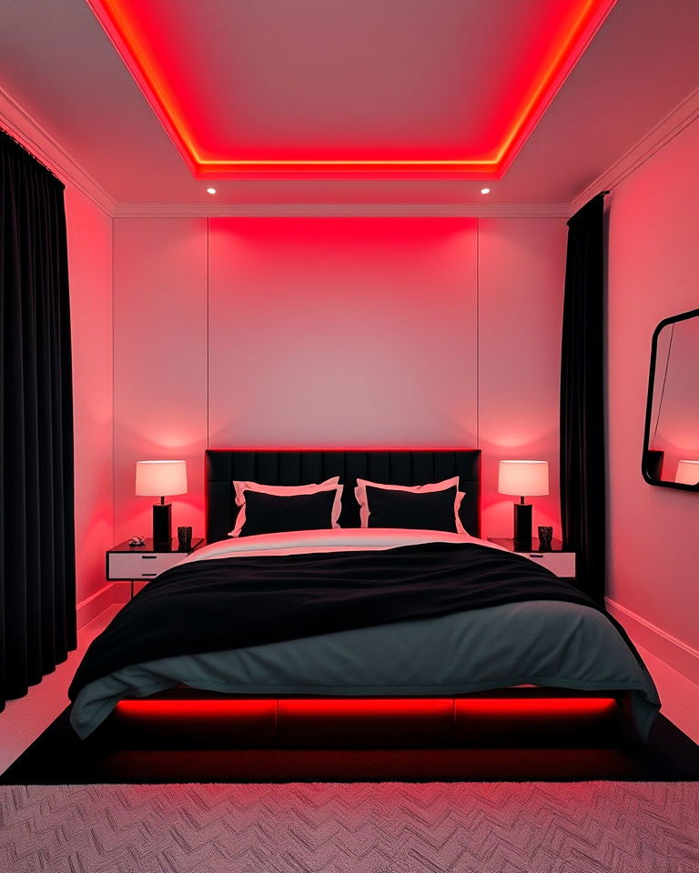 monochrome black and white bedroom with red lighting