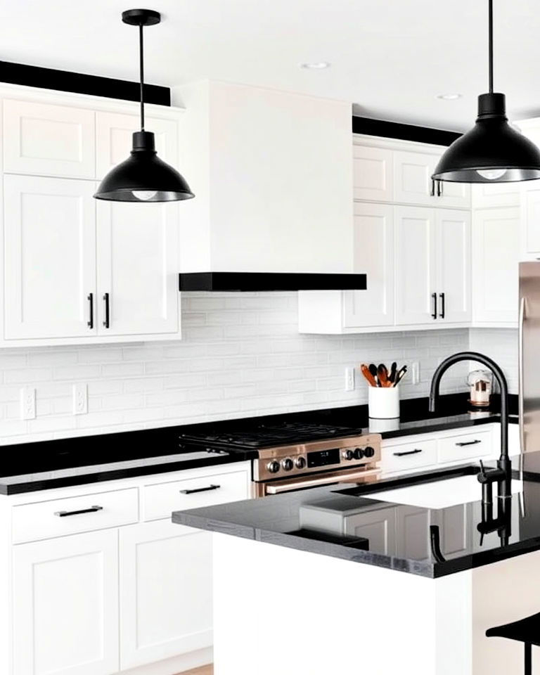 monochrome kitchen with bold black accents