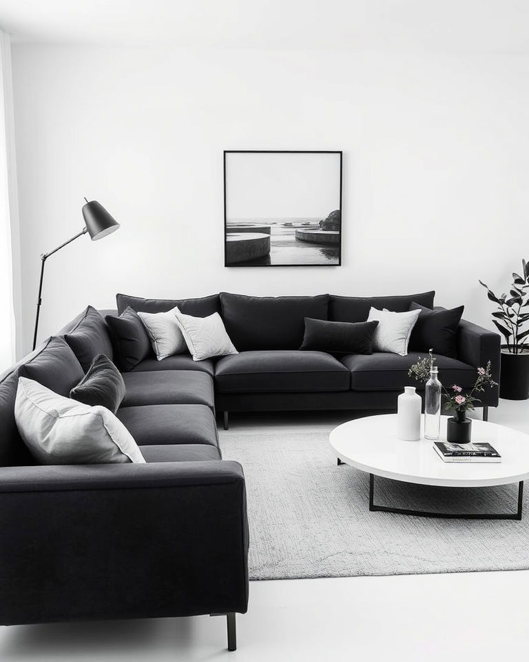 monochrome palette with a dark grey couch