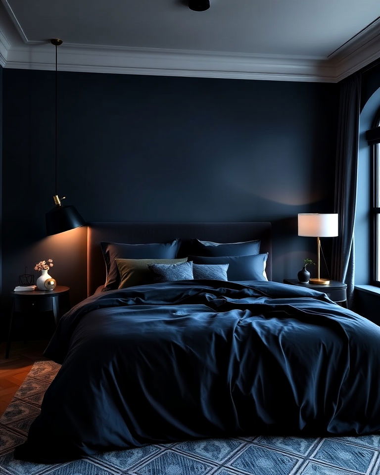 moody blue bedding with statement lighting