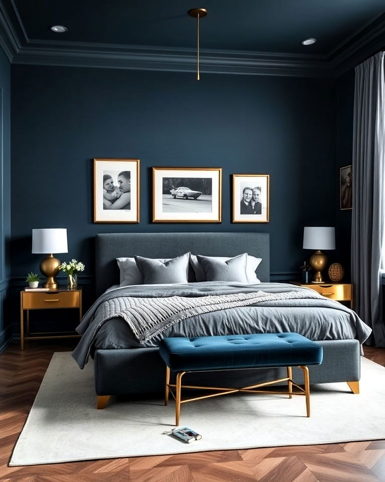 moody blue bedroom with brass accents