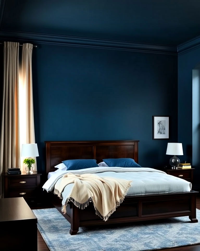 moody blue bedroom with dark wood furniture