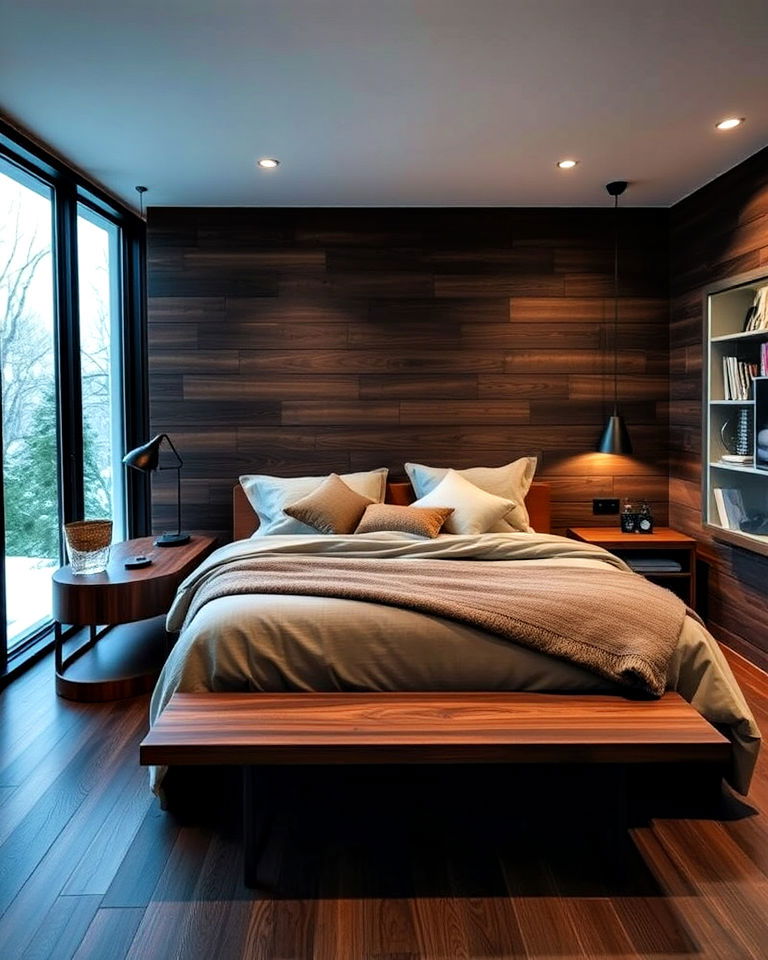 moody dark woods cabin bedroom