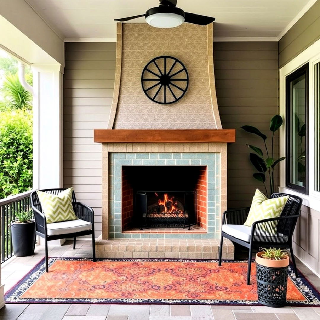 moroccan style tile surround porch fireplace