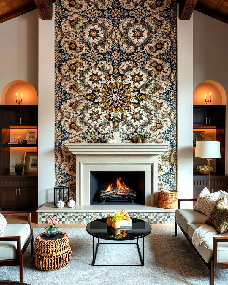 mosaic tile fireplace wall