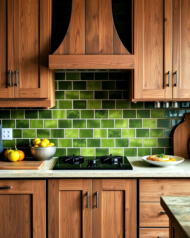 moss green tiles and rustic wood cabinets for kitchen