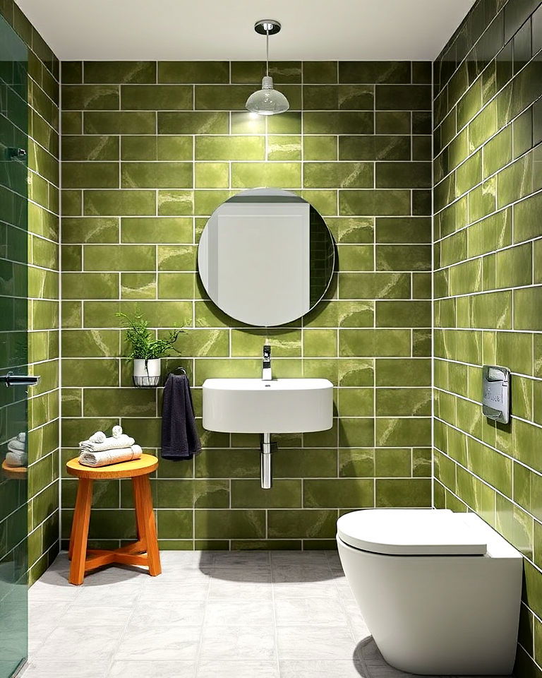 moss green tiles with light grey grout