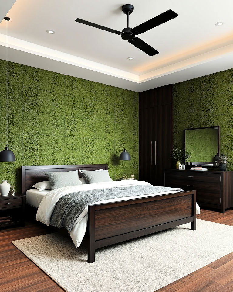 moss green walls with dark wood bedroom furniture