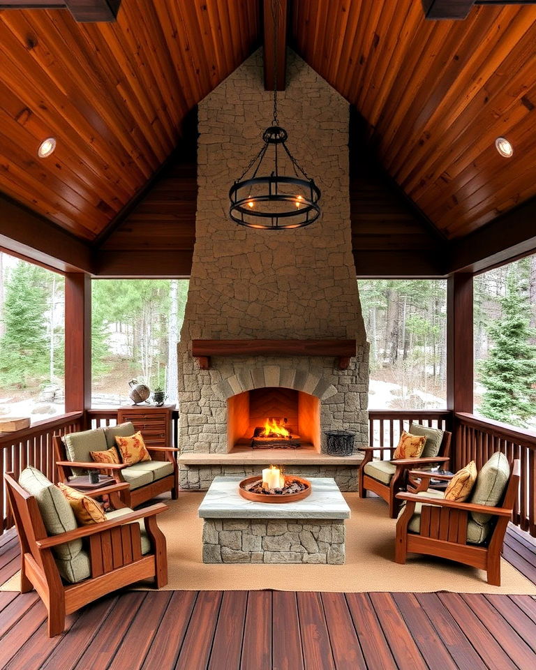 mountain lodge deck with large stone hearth