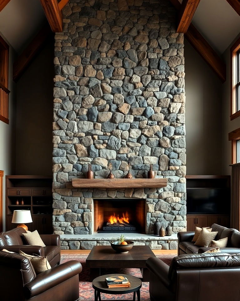 mountain lodge stacked stone fireplace