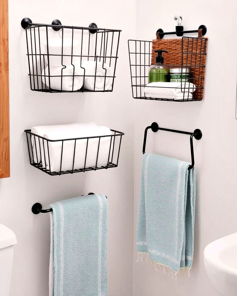 mounted basket racks for holding rolled towels