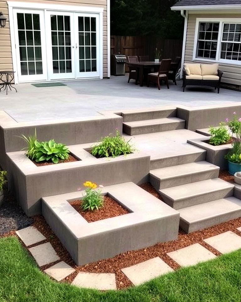 multi level concrete patio with planters