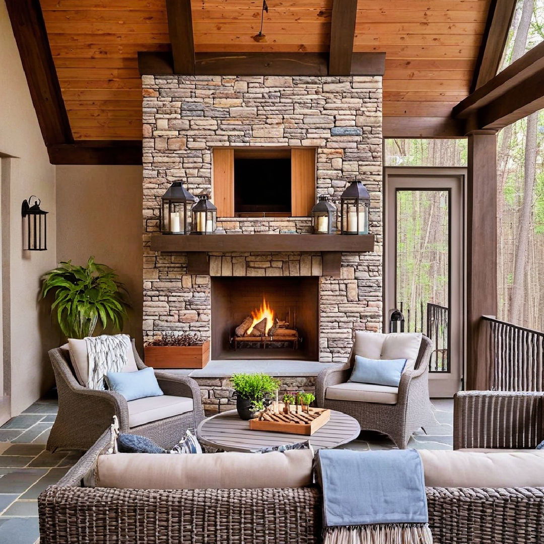 multi level porch fireplace idea