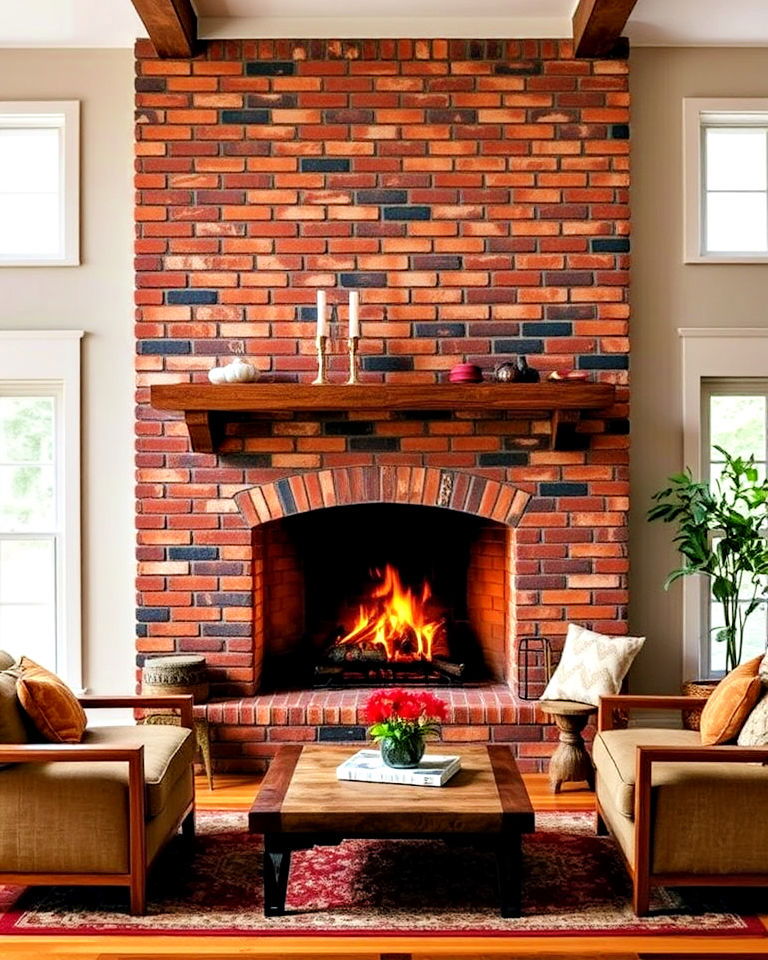multi toned brick fireplace to rustic living room
