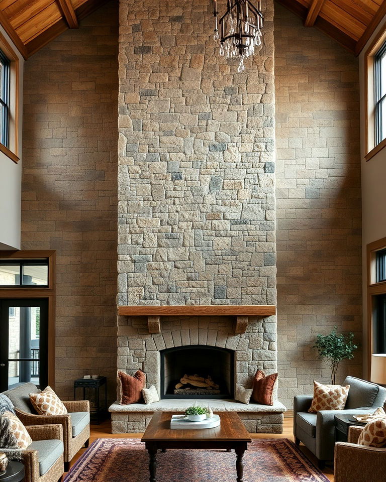 multi toned dynamic floor to ceiling stone fireplace