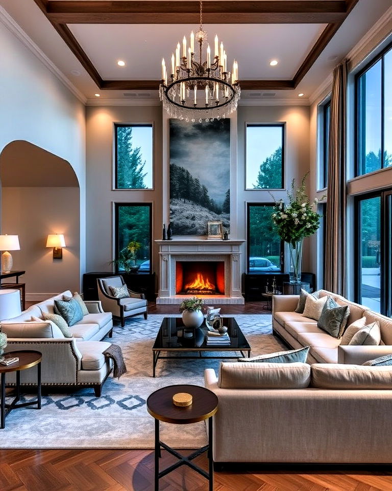 multiple seating areas in larger mansion living rooms