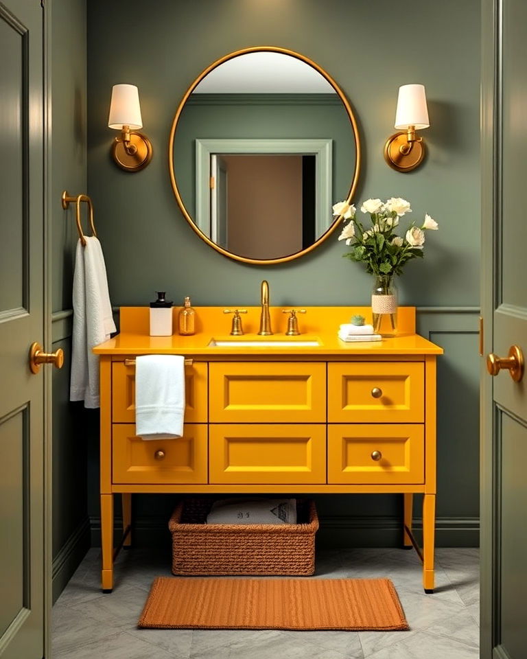 mustard yellow vanity with sage green walls