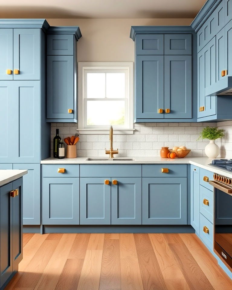 muted blue cabinets with gold hexagonal knobs