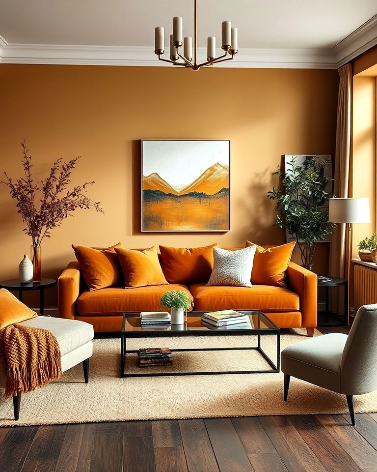 muted mustard tones into living room