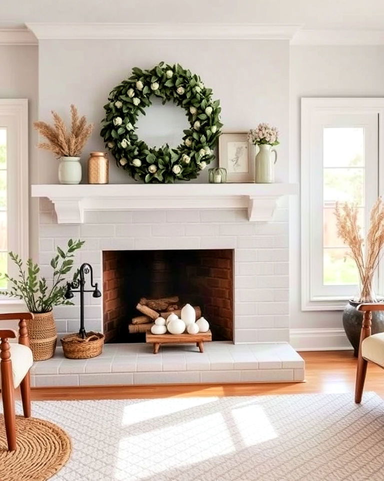 muted pastel tile farmhouse fireplace