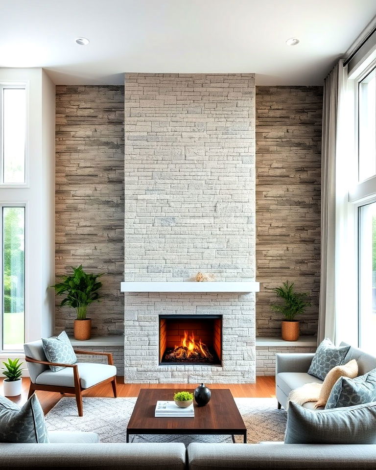 narrow vertical stacked stone fireplace