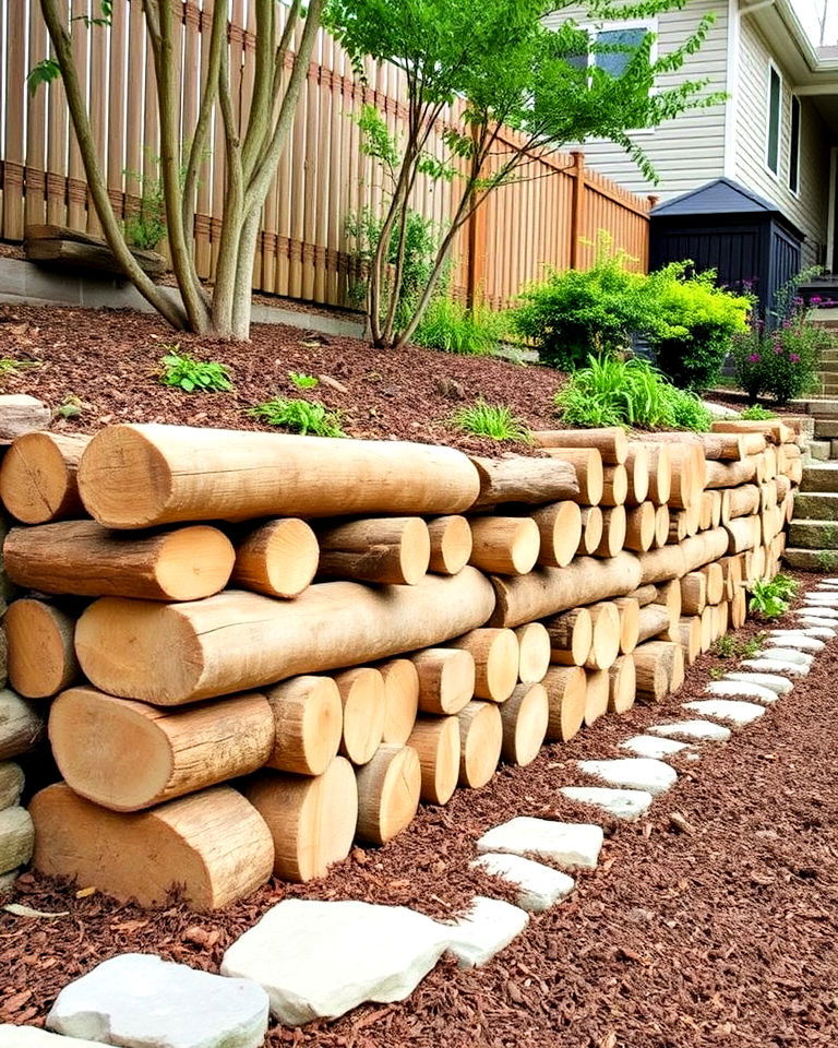 natural and rustic timber log retaining wall