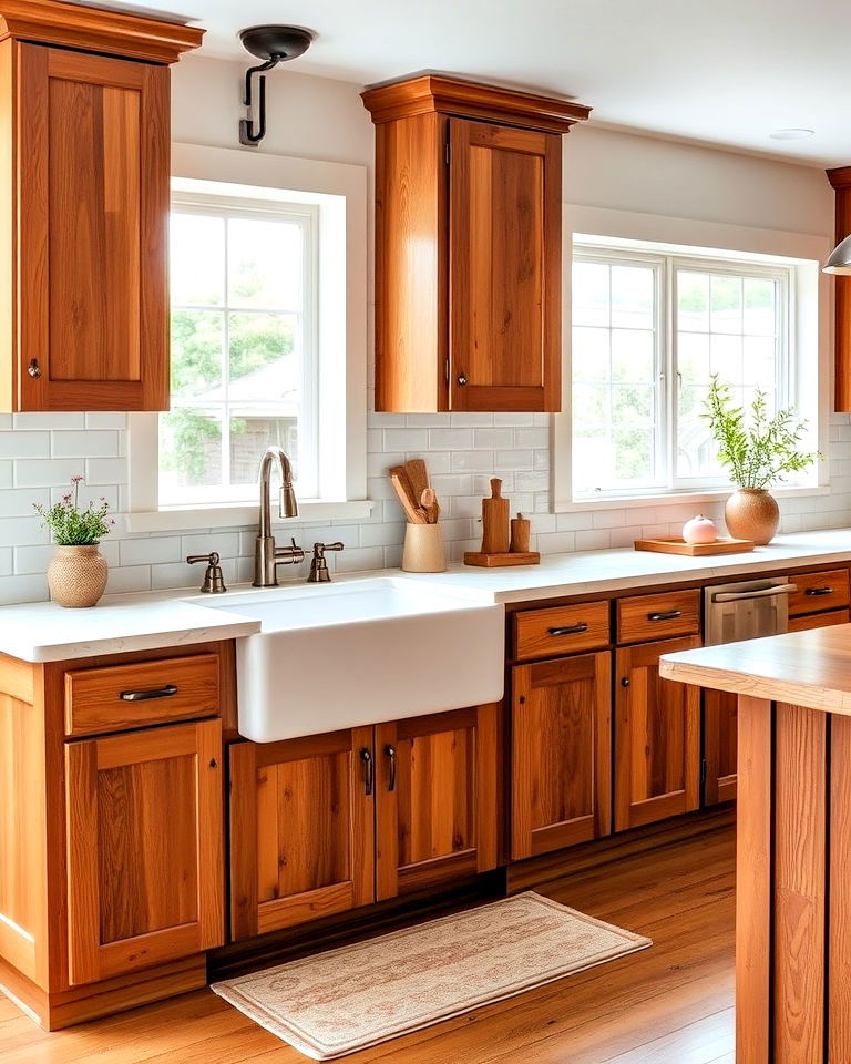 natural cherry cabinets with farmhouse sink idea