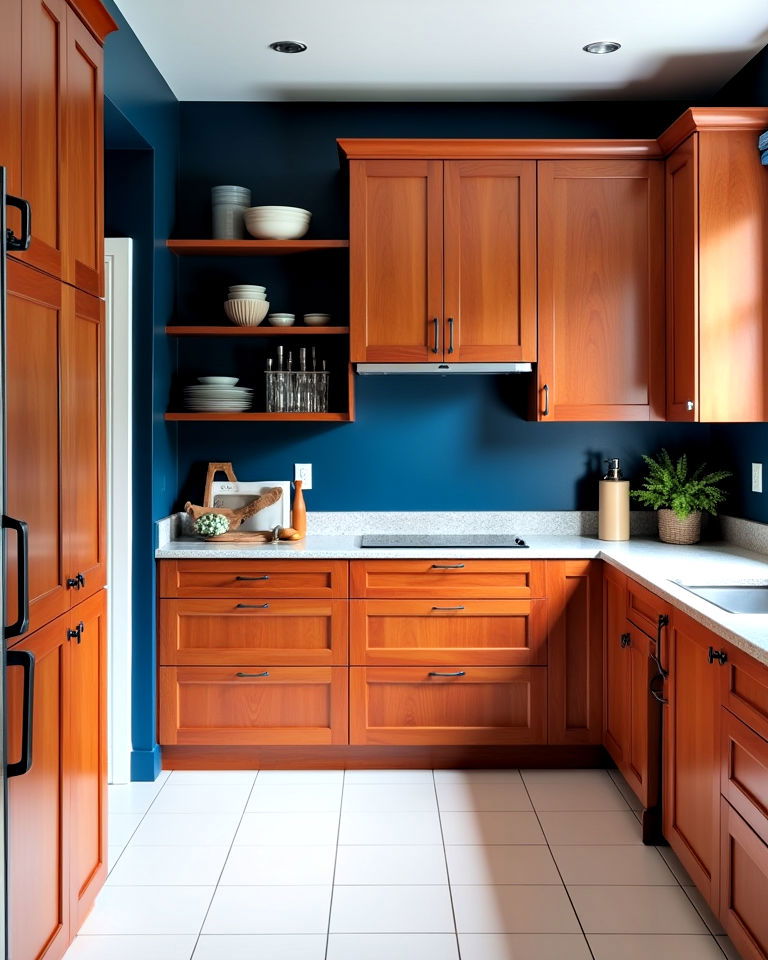 natural cherry kitchen cabinets with bold wall color