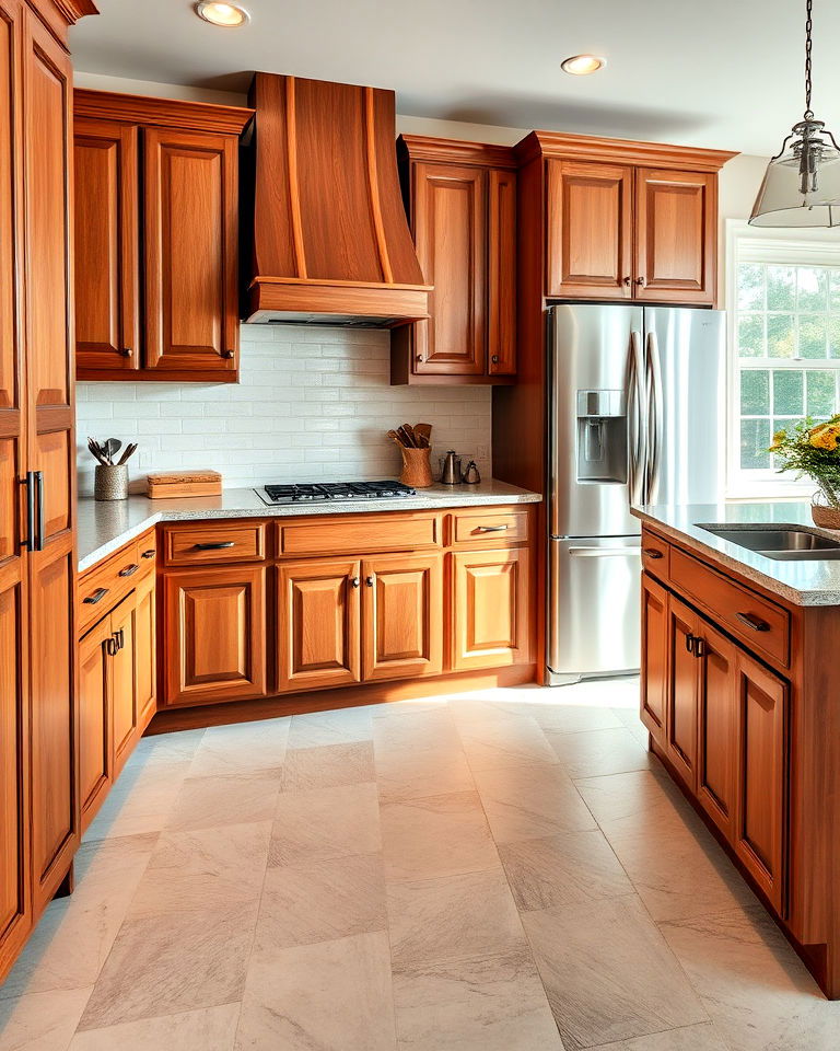 natural cherry kitchen cabinets with tile flooring