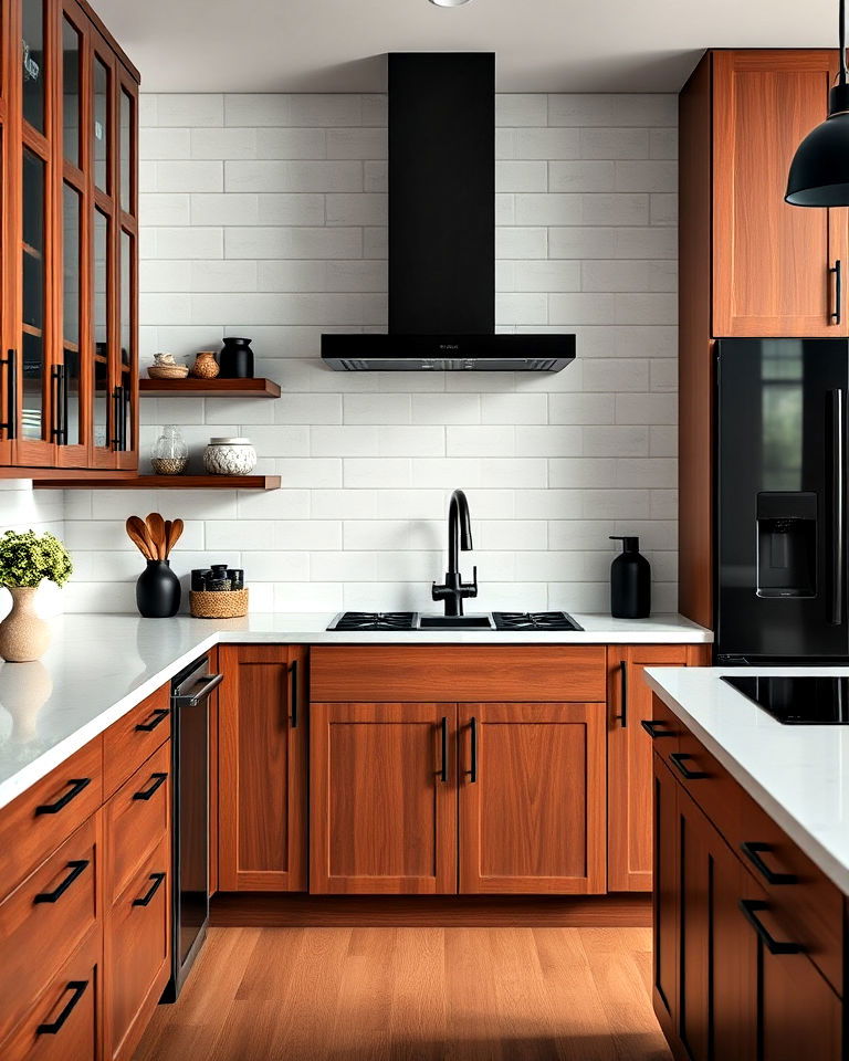 natural cherry with matte black fixtures for kitchen