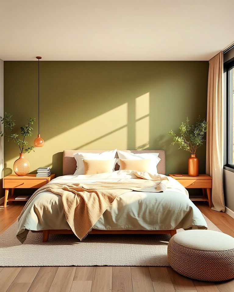 natural organic olive green and beige bedroom