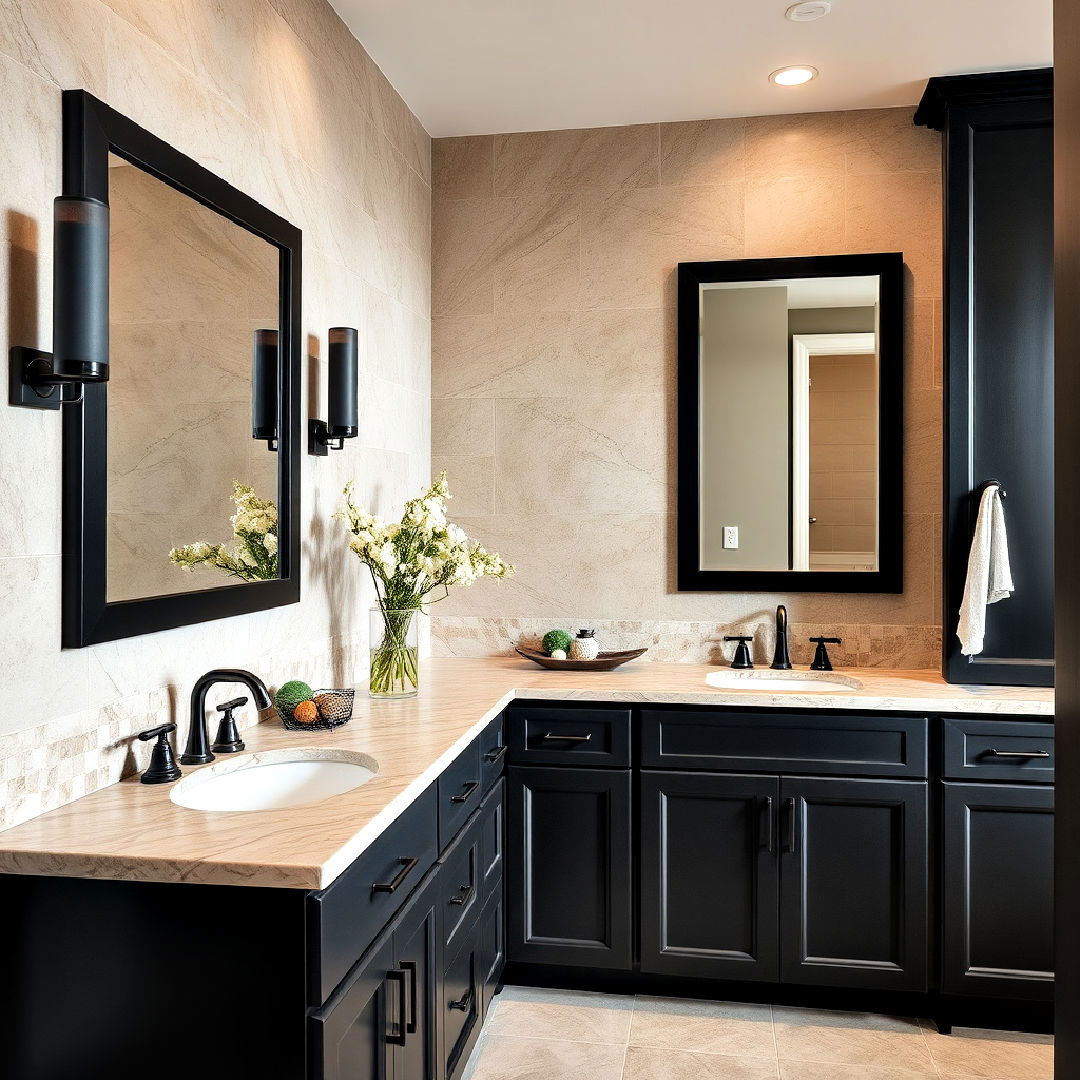 natural stone countertop with black cabinets