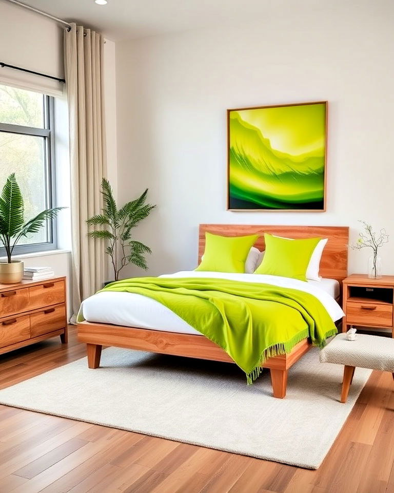 natural wood bedroom furniture with lime green pops