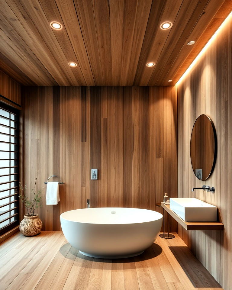 natural wood japandi bathroom ceiling for continuity