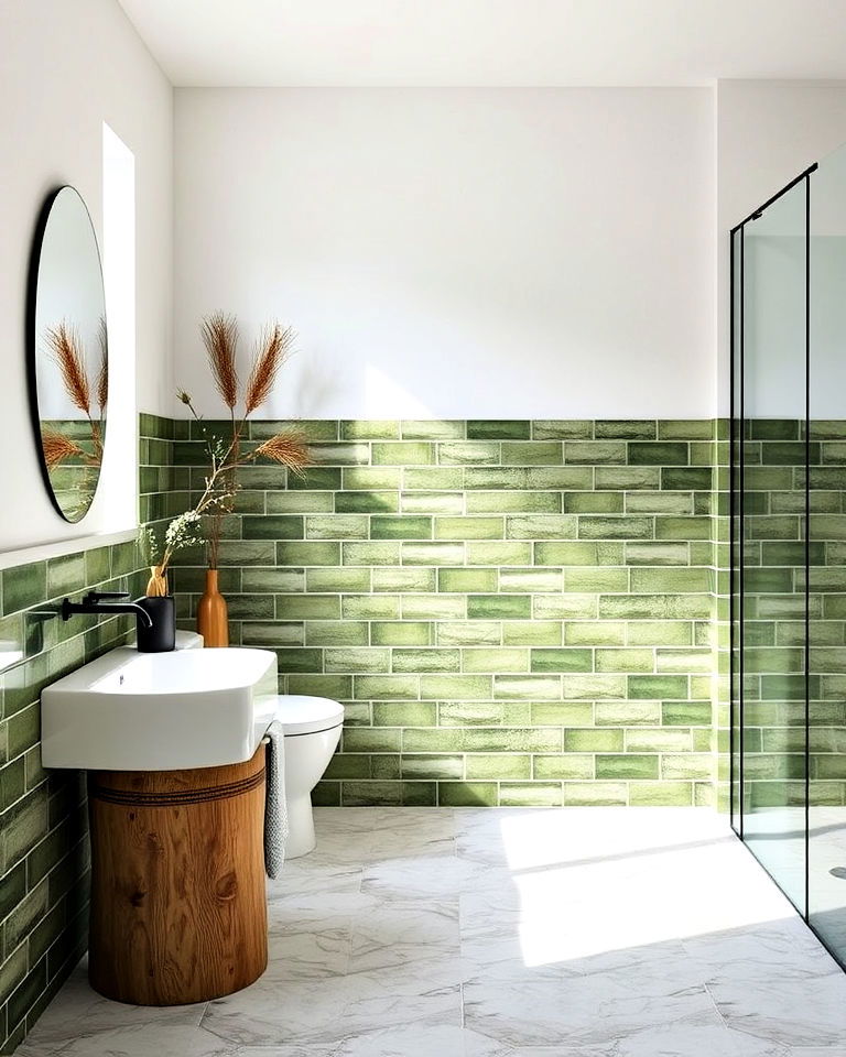 nature inspired green tiles bathroom