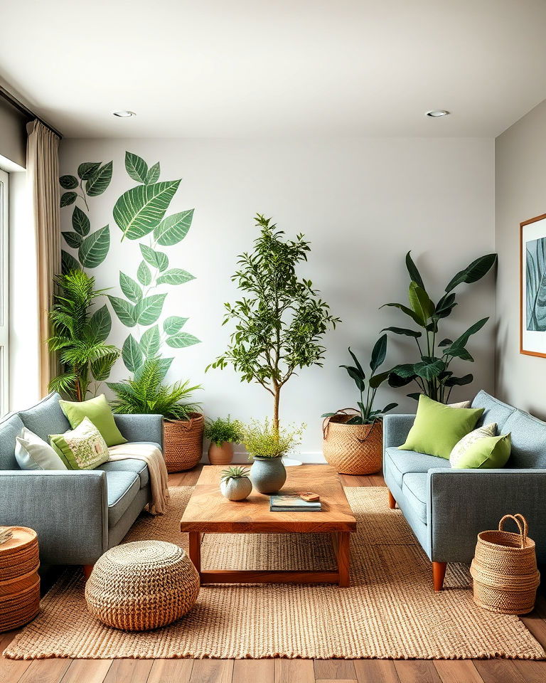 nature inspired harmonious green and grey living room