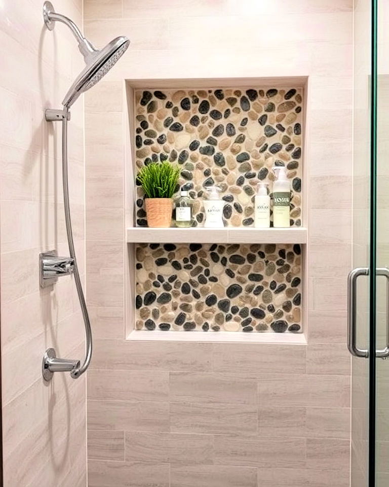 nature inspired pebble tile shower niche