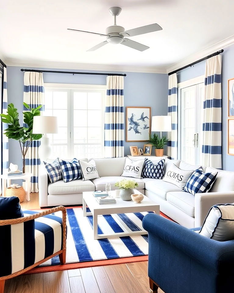 nautical inspired living room decor with stripes