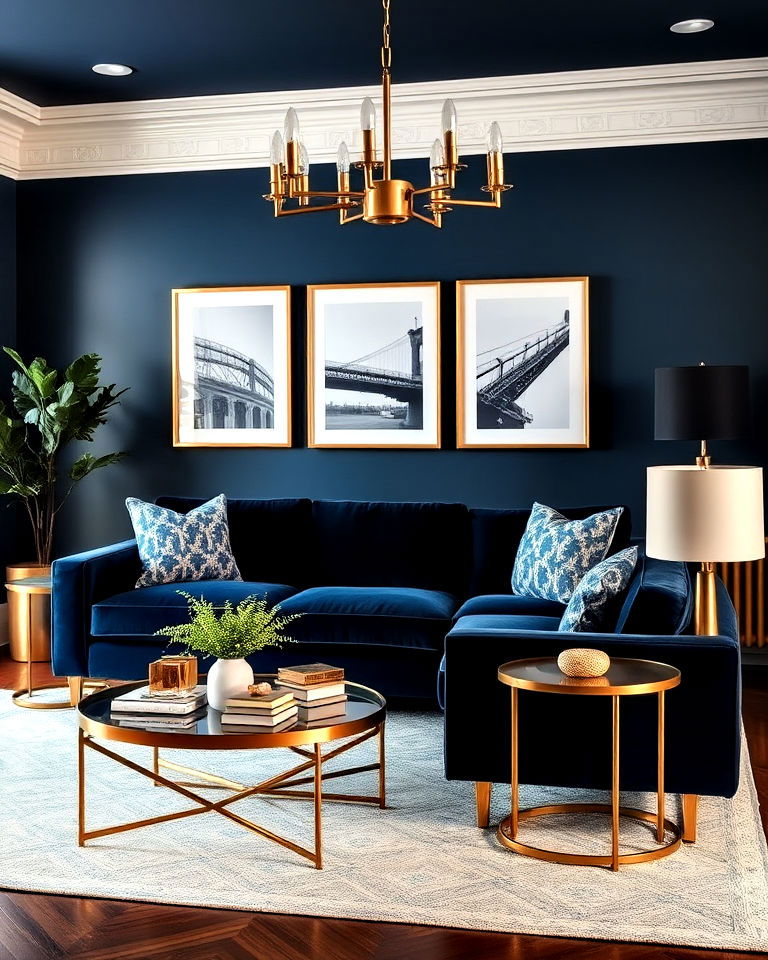 navy and brass accents