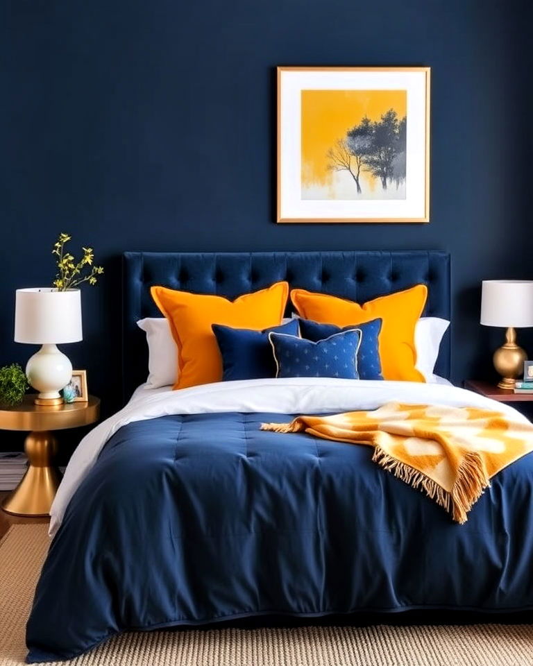 navy and mustard bedroom for a bold contrast